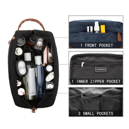 Black And Brown Men's Canvas Toiletry Bag - Large Capacity Water-Resistant Travel Organizer Dopp Kit with Handle