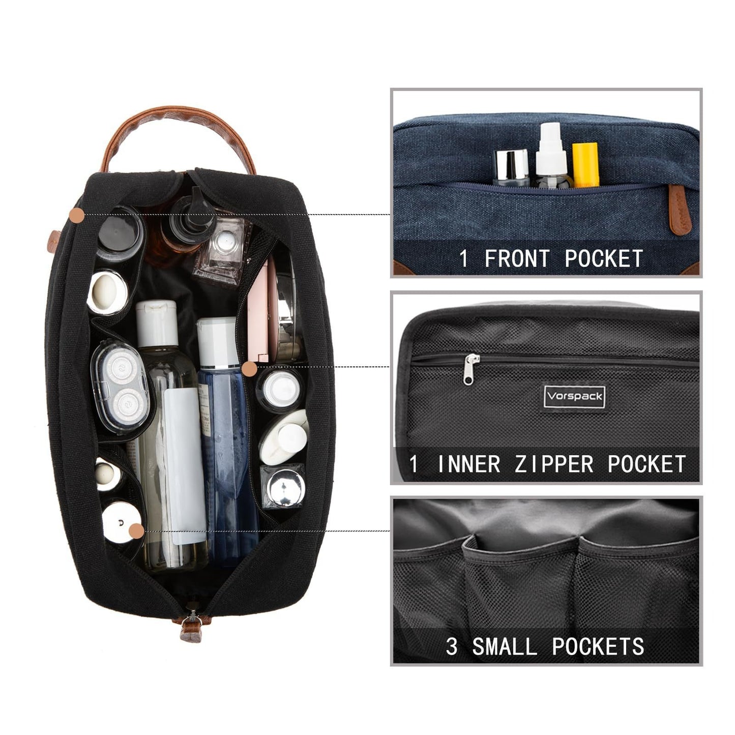 Grey And Brown Men's Canvas Toiletry Bag - Large Capacity Water-Resistant Travel Organizer Dopp Kit with Handle