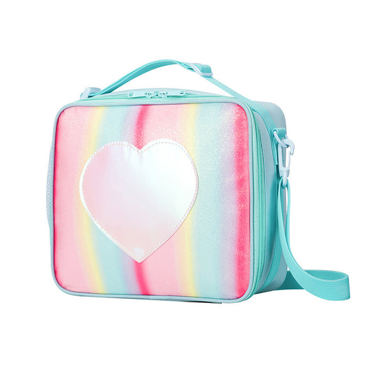 Blue Sparkling Rainbow Heart Insulated Lunch Bag for Kids - Portable School Lunch Box with Shoulder Strap