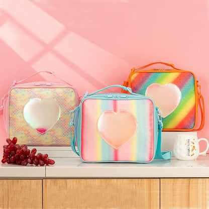 Pink Sparkling Rainbow Heart Insulated Lunch Bag for Kids - Portable School Lunch Box with Shoulder Strap
