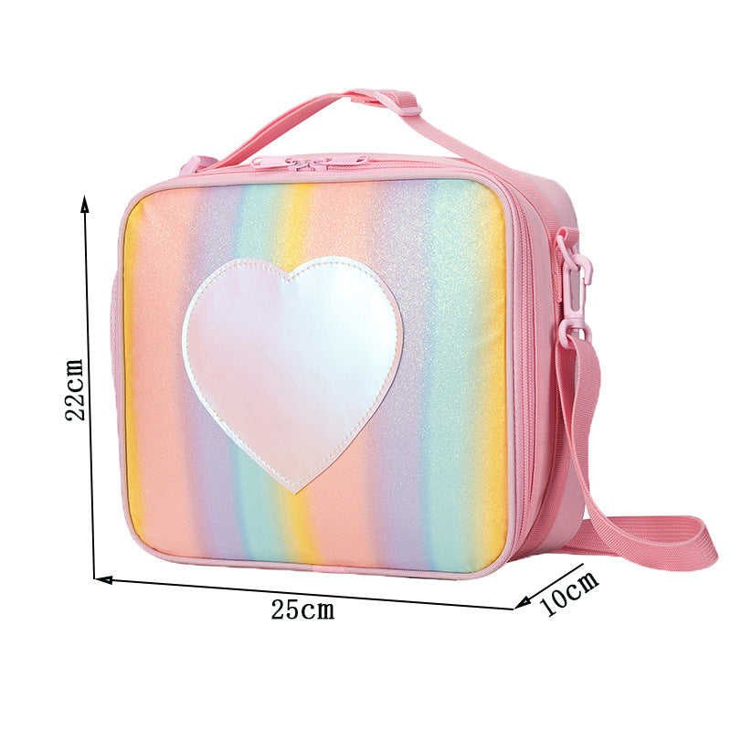 Pink Sparkling Rainbow Heart Insulated Lunch Bag for Kids - Portable School Lunch Box with Shoulder Strap