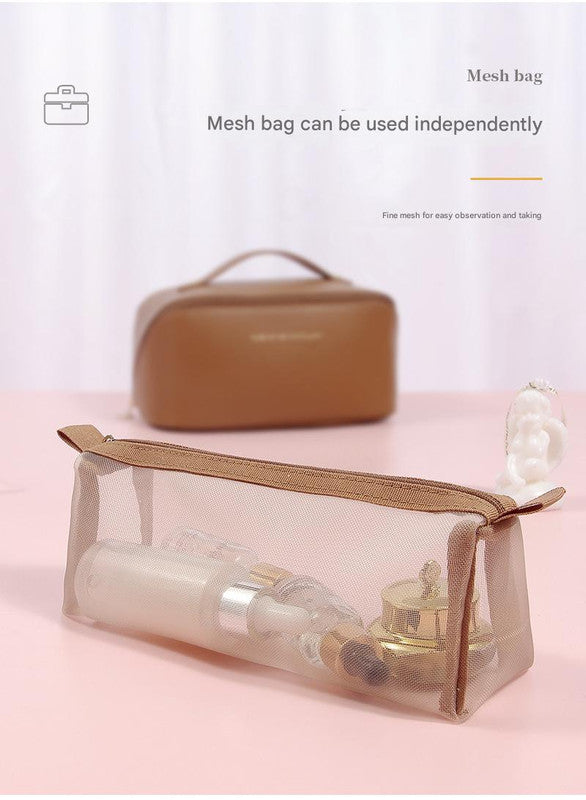 Pink Elegant PU Leather Makeup Bag & Toiletry Organizer with Detachable Mesh Pouch - Large Capacity Travel Cosmetic Case