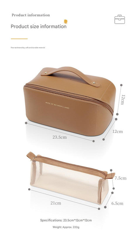 Pink Elegant PU Leather Makeup Bag & Toiletry Organizer with Detachable Mesh Pouch - Large Capacity Travel Cosmetic Case