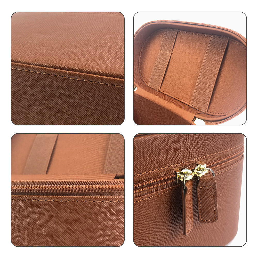 Black Elegant PU Leather Makeup & Toiletry Bag - Large Capacity Travel Cosmetic Organizer with Brush Holder