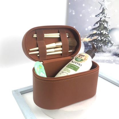 Beige Elegant PU Leather Makeup & Toiletry Bag - Large Capacity Travel Cosmetic Organizer with Brush Holder