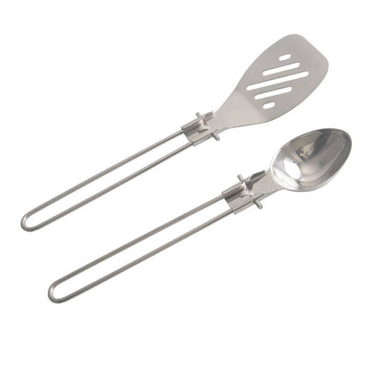 Silver Premium 304 Stainless Steel Folding Camping Utensil Set - Spatula & Deep Spoon Combo for Outdoor Cooking