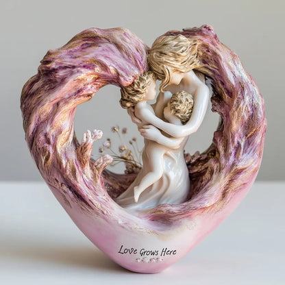 Pink Heartfelt Mother & Two Children Resin Figurine - "Love Grows Here" Decorative Home Accent Sculpture