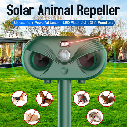 Green Advanced Solar Powered Ultrasonic Animal Repeller - Outdoor Pest Deterrent with Motion Sensor, Strobe Light & Laser