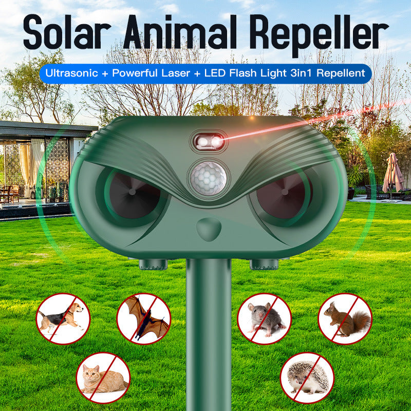 Black Advanced Solar Powered Ultrasonic Animal Repeller - Outdoor Pest Deterrent with Motion Sensor, Strobe Light & Laser