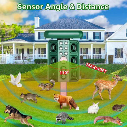 Green Solar Powered Ultrasonic Animal Repeller - Multi-Frequency Pest Deterrent with Motion Sensor, LED Strobe & Illumination Light