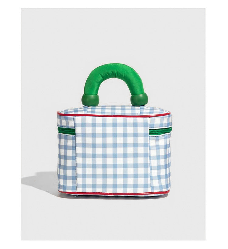 Blue And Green Chic Gingham Plaid Cosmetic Bag - Large Capacity Portable Travel Toiletry Organizer, Water-Resistant