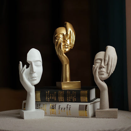 White Style 3 Elegant Abstract Face Sculpture - Modern Resin Art Figurine, Hand & Mask Home Decor Accent