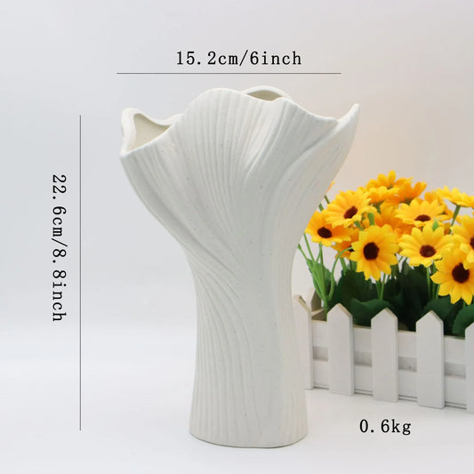 White Elegant Off-White Ceramic Vase - Modern Sculptural Flower Holder with Wide Fluted Opening - Mekamart Australia