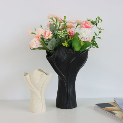 White Elegant Off-White Ceramic Vase - Modern Sculptural Flower Holder with Wide Fluted Opening