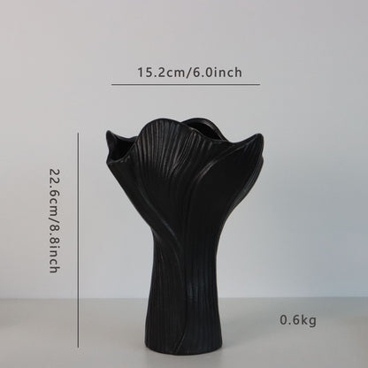Black Elegant Off-White Ceramic Vase - Modern Sculptural Flower Holder with Wide Fluted Opening