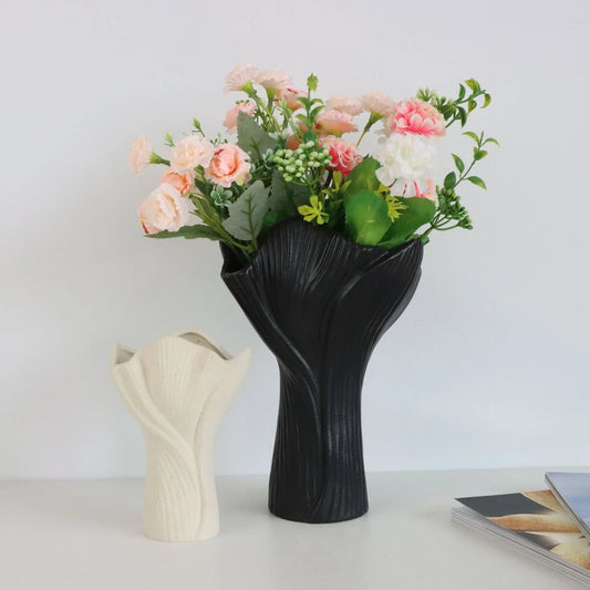 Black Elegant Off-White Ceramic Vase - Modern Sculptural Flower Holder with Wide Fluted Opening - Mekamart Australia