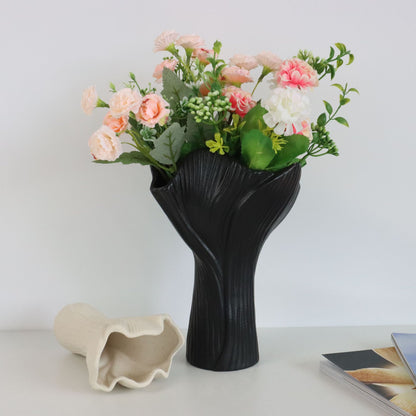 Black Elegant Off-White Ceramic Vase - Modern Sculptural Flower Holder with Wide Fluted Opening