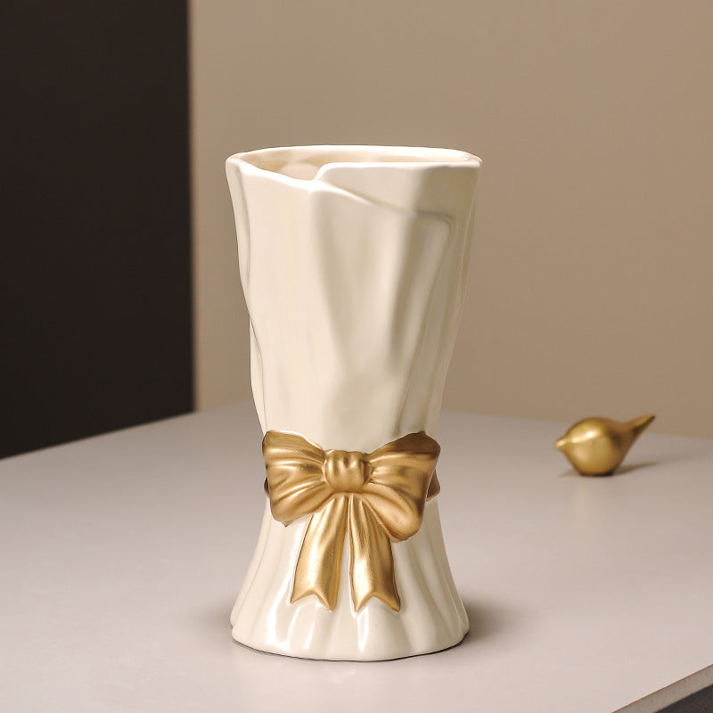 Beige Elegant Ceramic Vase with Golden Bow Accent - Textured Relief Flower Holder for Living Room & Dining Table Decor