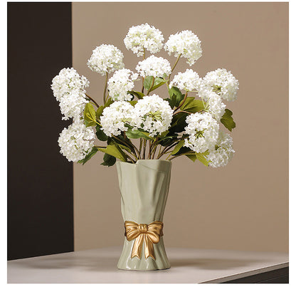 Beige Elegant Ceramic Vase with Golden Bow Accent - Textured Relief Flower Holder for Living Room & Dining Table Decor