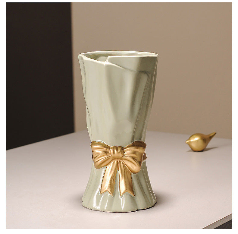 Green Elegant Ceramic Vase with Golden Bow Accent - Textured Relief Flower Holder for Living Room & Dining Table Decor