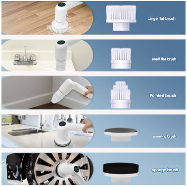 White Rechargeable Electric Spin Scrubber - Waterproof Power Cleaning Brush with 5 Heads & Digital Display for Bathroom, Kitchen & More