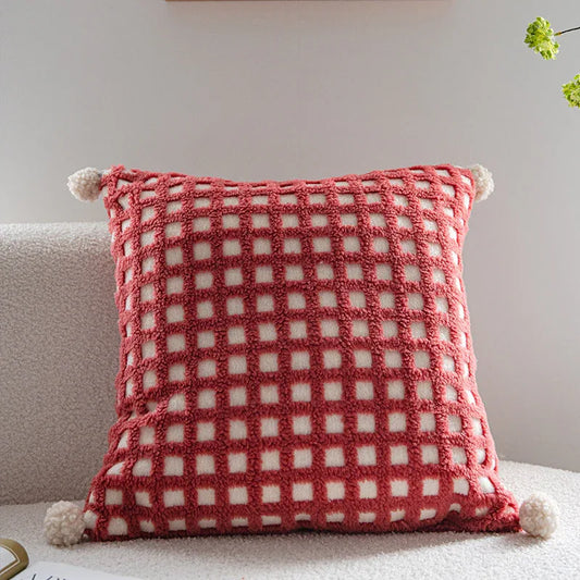 Red and Beige 3D Checkered Cushion Cover with Pom Poms - Soft Decorative Pillow Case for Sofa & Living Room (45x45cm, Cover Only)