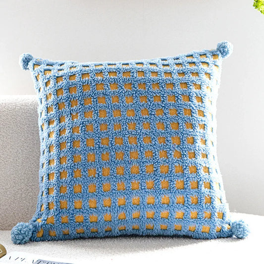 Blue and Yellow 3D Checkered Cushion Cover with Pom Poms - Soft Decorative Pillow Case for Sofa & Living Room (45x45cm, Cover Only)