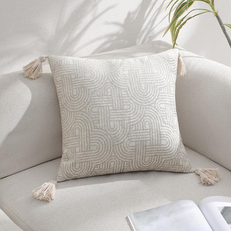 Beige Chic Geometric Jacquard Cushion Covers with Tassels - Set of 2, Plush Blend for Sofa & Bed Decor (45x45cm, Insert Not Included)