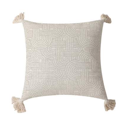 Beige Chic Geometric Jacquard Cushion Covers with Tassels - Set of 2, Plush Blend for Sofa & Bed Decor (45x45cm, Insert Not Included)