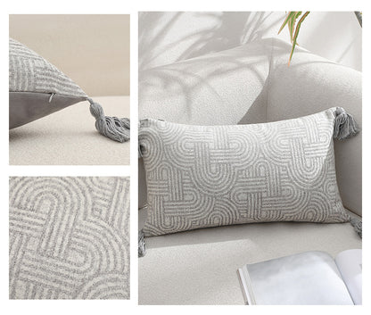 Grey Chic Geometric Jacquard Cushion Covers with Tassels - Set of 2, Plush Blend for Sofa & Bed Decor (45x45cm, Insert Not Included)