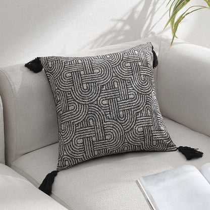 Black Chic Geometric Jacquard Cushion Covers with Tassels - Set of 2, Plush Blend for Sofa & Bed Decor (45x45cm, Insert Not Included)