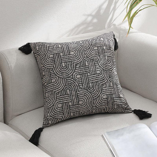 Black Chic Geometric Jacquard Cushion Covers with Tassels - Set of 2, Plush Blend for Sofa & Bed Decor (45x45cm, Insert Not Included)