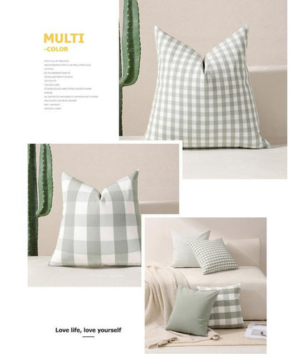 Green Small Plaid Pattern Set of 2 Decorative Cushion Covers - 45x45cm, Soft Polyester (Inserts Not Included)