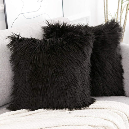 Black Luxurious Long Faux Fur Cushion Covers - Set of 2, 45x45cm Soft Plush Decorative Pillowcases for Sofa & Bed