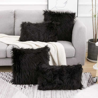 Black Luxurious Long Faux Fur Cushion Covers - Set of 2, 45x45cm Soft Plush Decorative Pillowcases for Sofa & Bed