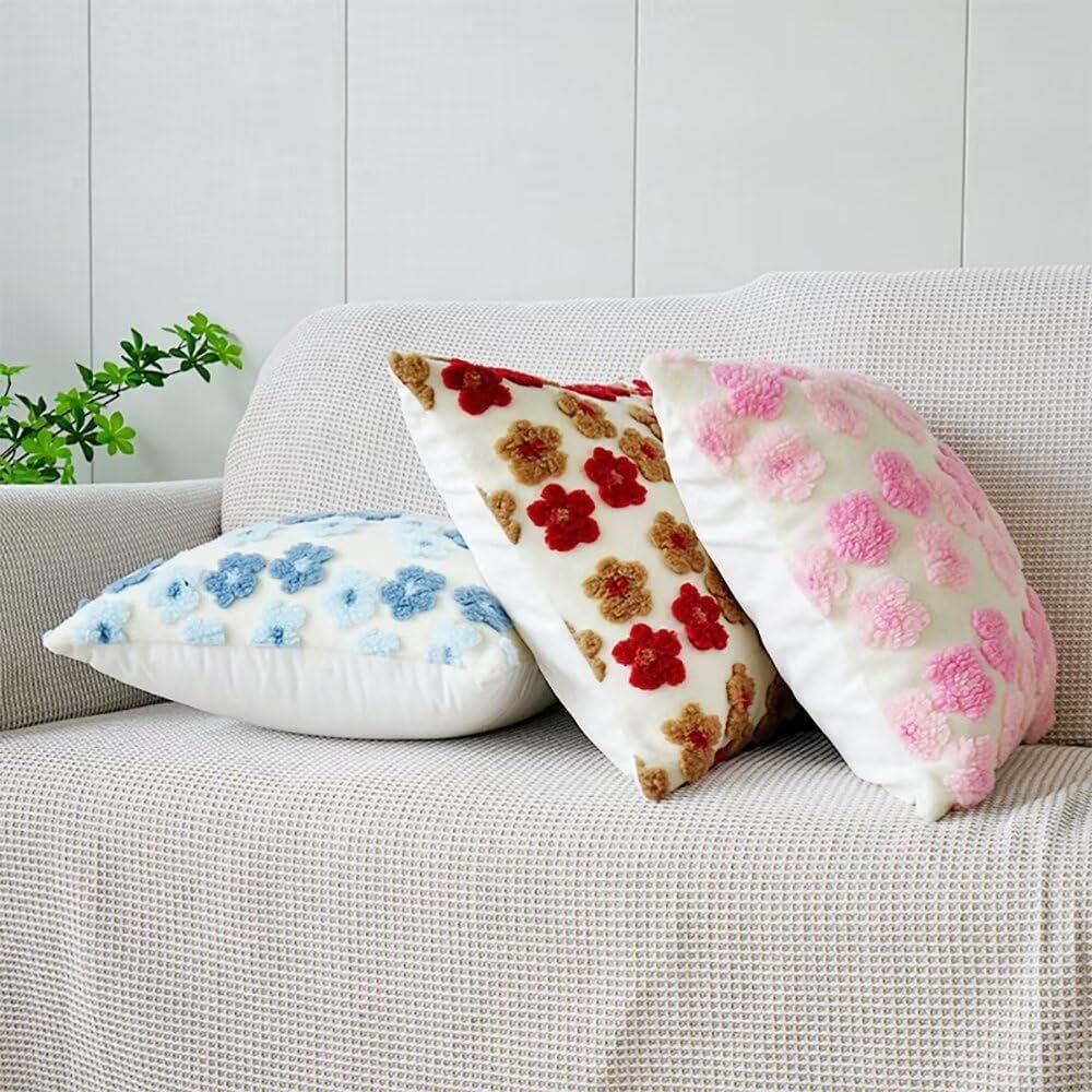Pink Charming 3D Floral Plush Cushion Covers - Set of 4, 45x45cm Soft Faux Lambswool Pillowcases for Sofa & Bed Decor