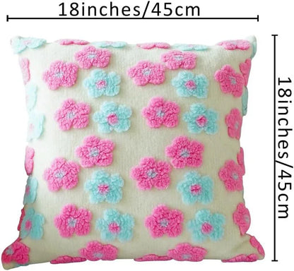 Pink Charming 3D Floral Plush Cushion Covers - Set of 4, 45x45cm Soft Faux Lambswool Pillowcases for Sofa & Bed Decor