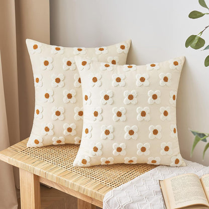 Beige and Khaki Charming 3D Daisy Embroidered Canvas Cushion Covers - Set of 2, 45x45cm Soft Textured Decorative Pillowcases