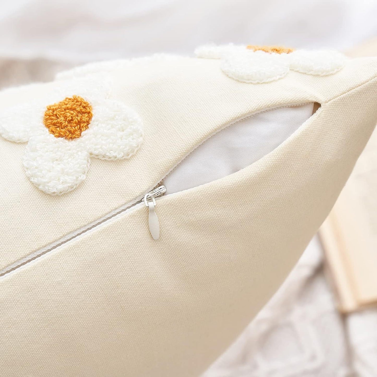 Beige and Khaki Charming 3D Daisy Embroidered Canvas Cushion Covers - Set of 2, 45x45cm Soft Textured Decorative Pillowcases