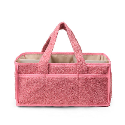 Pink Large Plush Nappy Caddy Organizer - Portable Diaper Storage Bin & Nursery Tote Bag