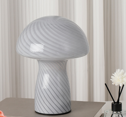 Stripe-Pure Grey-white Retro Swirl Glass Mushroom Table Lamp - LED Bedside Night Light