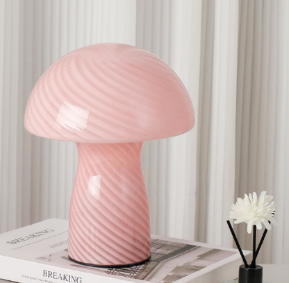 Stripe-Pure Pink Retro Swirl Glass Mushroom Table Lamp - LED Bedside Night Light