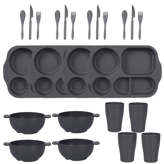 Dark Grey Durable Eco-Friendly Wheat Straw Dinnerware Set - 24 Pieces with Plates, Bowls, Cups & Cutlery