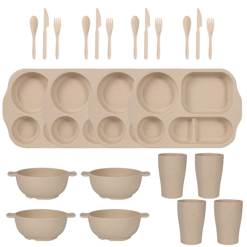 Beige Durable Eco-Friendly Wheat Straw Dinnerware Set - 24 Pieces with Plates, Bowls, Cups & Cutlery