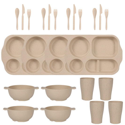 Beige Durable Eco-Friendly Wheat Straw Dinnerware Set - 24 Pieces with Plates, Bowls, Cups & Cutlery