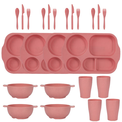 Pink Durable Eco-Friendly Wheat Straw Dinnerware Set - 24 Pieces with Plates, Bowls, Cups & Cutlery