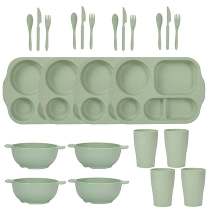 Green Durable Eco-Friendly Wheat Straw Dinnerware Set - 24 Pieces with Plates, Bowls, Cups & Cutlery