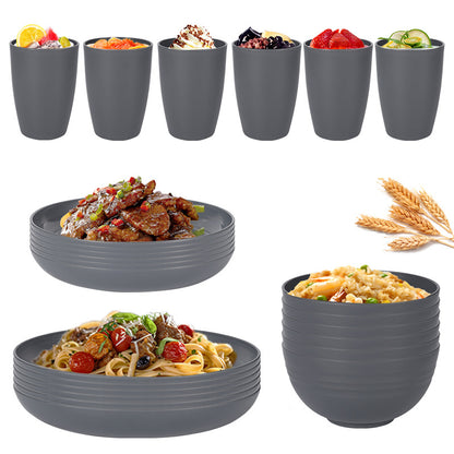 Stylish Dark Grey Wheat Straw Dinnerware Set - 24 Pieces Including Plates, Bowls & Cups