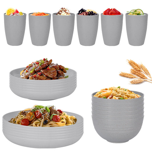 Stylish Light Grey Wheat Straw Dinnerware Set - 24 Pieces Including Plates, Bowls & Cups