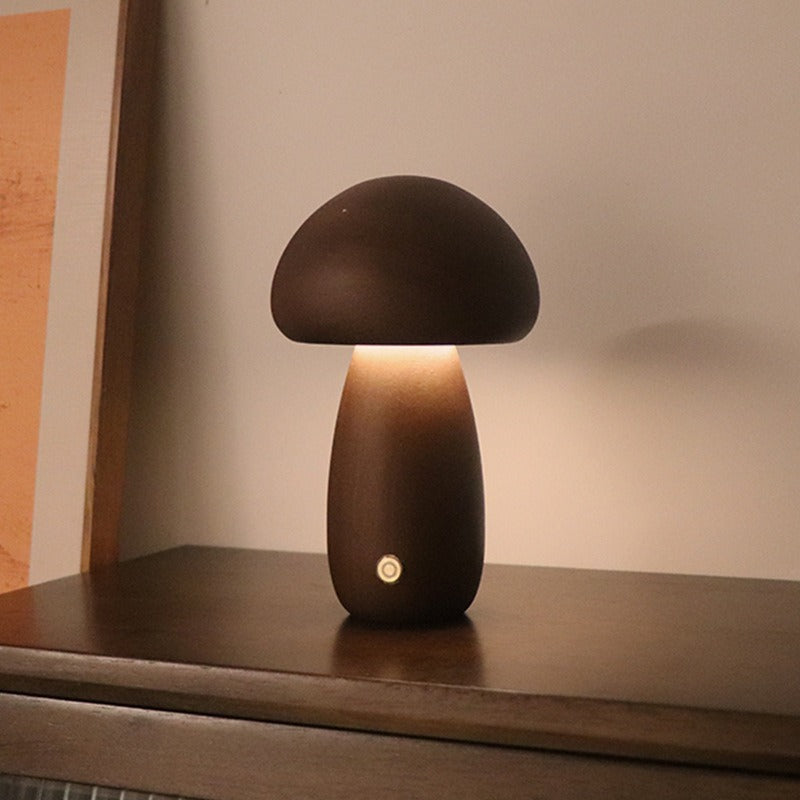 Dun-dun Model Dark Brown Solid Wood Mushroom LED Table Lamp - Rechargeable Touch Control Bedside Night Light (Large)